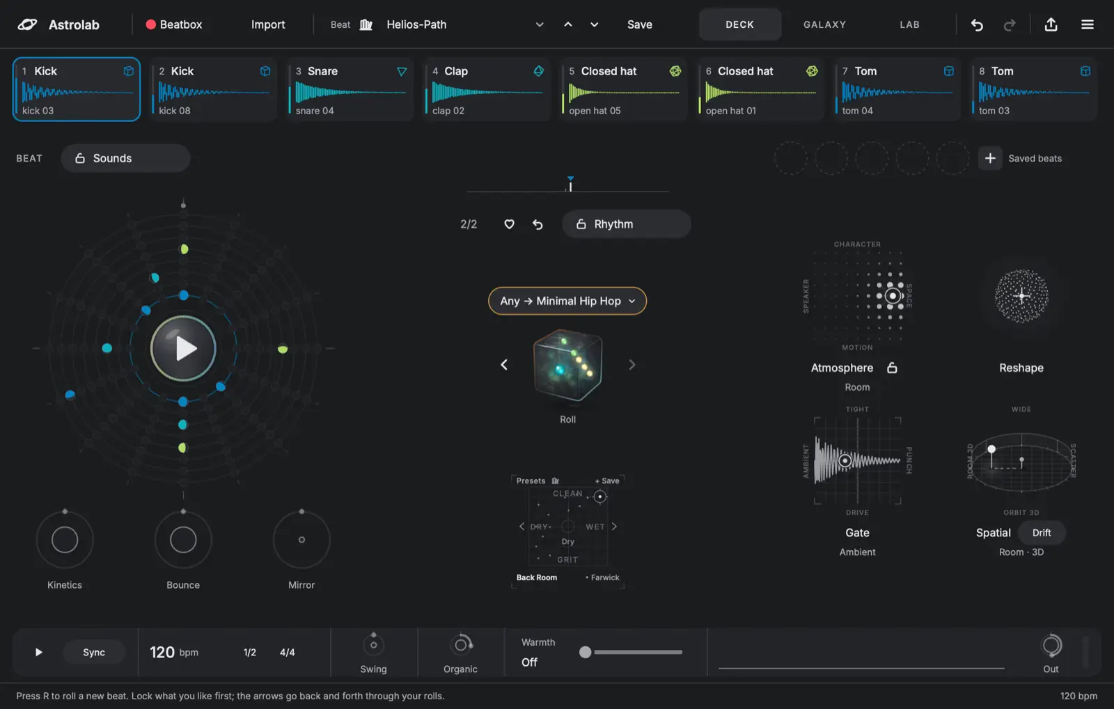 The Astrolab Deck: eight sample lanes along the top, the beat drawn as rings on the left, the glass dice in the middle, effect presets below it and sound-shaping pads on the right.