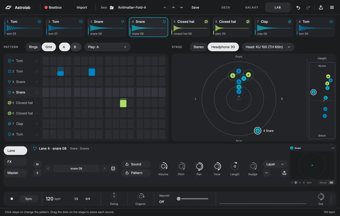 The Lab: a step grid with eight lanes on the left and a round Headphone 3D stage with numbered dots on the right.