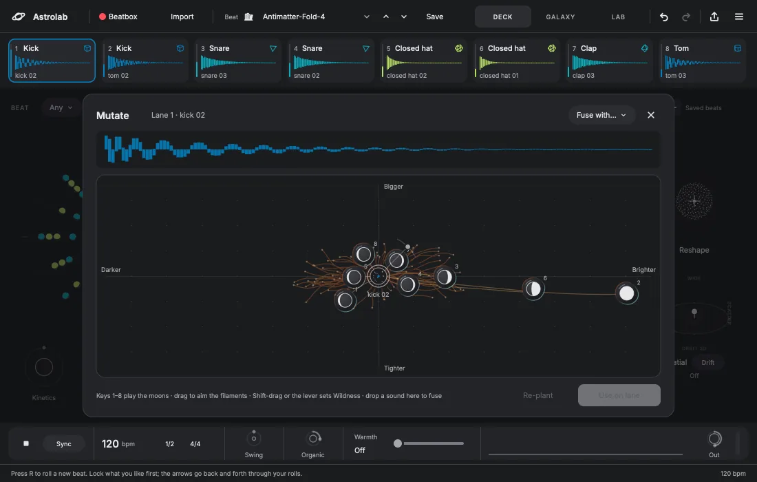 Mutate: a sound's waveform above a map with axes Darker, Brighter, Bigger and Tighter, with eight moons around the original sound.
